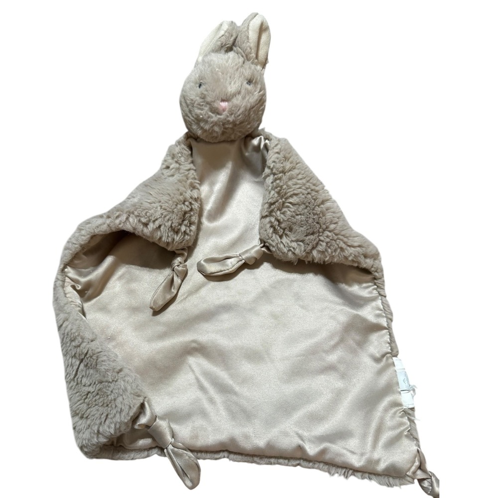 Pottery Barn Kids Tan Bunny Plush Security Blanket Lovey Satin Back Knotted